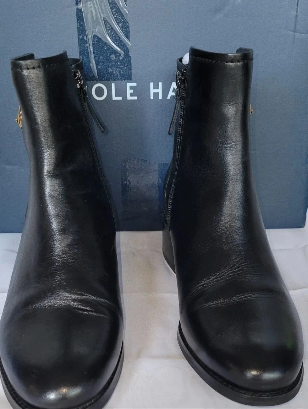 Cole Haan Women's Hanover Black Leather Ankle Boots with Gold Buckle
